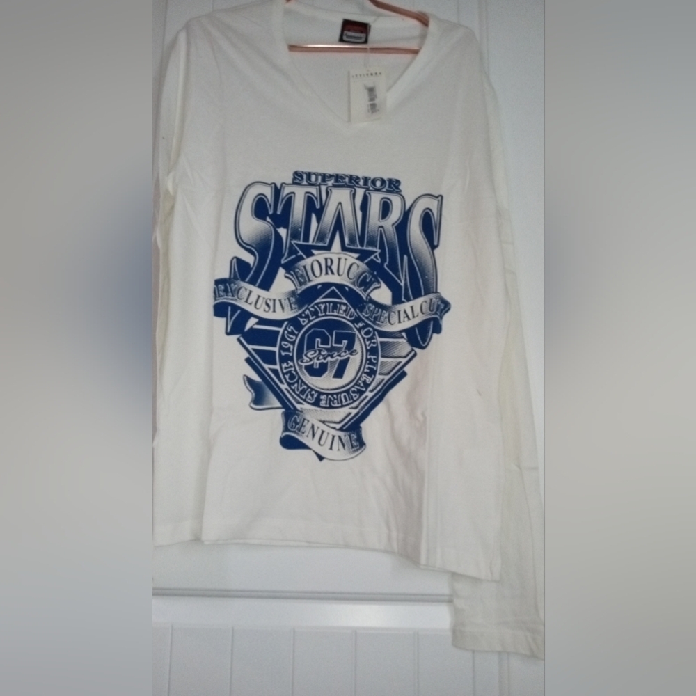 White Long Sleeve Shirt with Blue Graphic